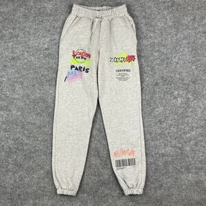 boohooMAN Sweatpants Mens XS Gray Fleece Graffiti Print Streetwear Jogger
